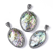 Paua Shell Rhinestone Big Pendants, with Platinum Tone Alloy Findings, with Iron Snap On Bails, Oval, 58.5~69x37~52.5x12.5~23mm, Hole: 4.5x10mm(BSHE-T013-01)