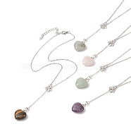 5Pcs 5 Style Natural Mixed Gemstone Heart Lariat Necklaces Set, Brass Fairy Pendant Stackable Necklaces for Women, 19.49 inch(49.5cm), 1Pc/style(NJEW-JN04269)
