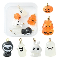 6Pcs 6 Styles Halloween Opaque Resin Pendants, with Light Gold Tone Alloy Loops, Pumpkin & Ghost & Rabbit, Mixed Shapes, Mixed Color, 11~21x11~13x8.5~12.5mm, Hole: 1.5~1.6mm, 1pc/style(RESI-FS0001-34)