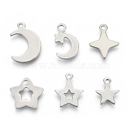 201 Stainless Steel Charms, Laser Cut, Star and Moon, Stainless Steel Color, 10.5~16x9~12x0.7~0.8mm, Hole: 1.2~1.8mm, 6 patterns, 1 pattern/200pcs(STAS-R118-06)