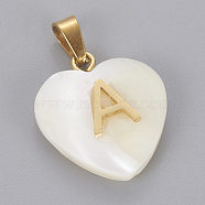 Shell Pendants, with 304 Stainless Steel Findings, Heart with Letter, Golden, Letter.A, 23.5x20x7mm, Hole: 3.5x7mm(STAS-F210-17G-A)