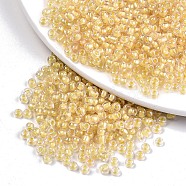 (Repacking Service Available) 8/0 Glass Seed Beads, Transparent Inside Colours Luster, Round Hole, Round, Gold, 8/0, 3~4x2~3mm, Hole: 0.8mm, about 400pcs/bag(SEED-C025-3mm-2202)