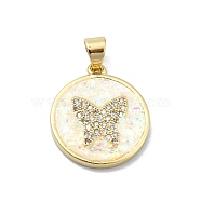 Brass Micro Pave Clear Cubic Zirconia Pendants, with Sythetic Opal, Flat Round, Real 18K Gold Plated, Butterfly, 19.5x17x2.5mm, Hole: 4x3.5mm(KK-A221-28D-G)