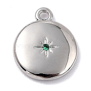 Brass Micro Pave Cubic Zirconia Charms, Long-Lasting Plated, Flat Round with Star, Sea Green, 12x10x2mm, Hole: 1.2mm(ZIRC-I054-13P-04)