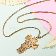 304 Stainless Steel Religion Pendant Necklaces, Jesus Cross, Real 18K Gold Plated, 23.23~23.62 inch(59~60cm)(NJEW-Z058-04G)