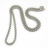 Trendy Men's 201 Stainless Steel Box Chain Necklaces, with Lobster Claw Clasps, Stainless Steel Color, 23.62 inch(60cm), 4mm(NJEW-L043B-46P)