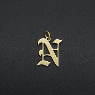 201 Stainless Steel Pendants, with Jump Ring, Old English, Letter, Laser Cut, Golden, Letter.N, 15.5x13x1mm, Hole: 3mm(A-STAS-R111-JA566-N)