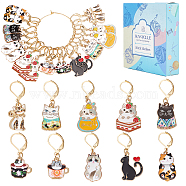 20Pcs 10 Style Alloy Enamel Cat Charm Locking Stitch Markers, with Gold Tone 304 Stainless Steel Clasp Stitch Markers, Mixed Color, 3.3~4.5cm, 2pcs/style(HJEW-SC0001-29)