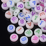 Luminous Acrylic Beads, Horizontal Hole, Random Mixed Letters, Flat Round with Letter, Mixed Color, 7x3.5~4mm, Hole: 1.2mm, about 3700pcs/500g(MACR-S273-27)