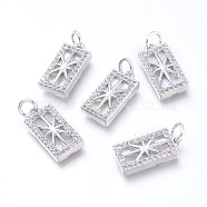 Brass Micro Pave Cubic Zirconia Pendants, with Jump Rings & Natural Shell, Long-Lasting Plated, Cadmium Free & Lead Free & Nickel Free, Rectangle with Star, Clear, Platinum, 16x8x3mm, Hole: 3.4mm(KK-I673-29P)