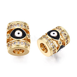 Brass Micro Pave Cubic Zirconia Beads, with Enamel, Real 18K Gold Plated, Column with Evil Eye, Nickel Free, Black, 11.5x9.5mm, Hole: 4.5mm(KK-N227-90A)
