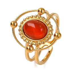 Oval Natural Carnelian Finger Rings, Golden Tone 304 Stainless Steel Open Cuff Rings for Women, Oval: 18x16mm, Inner Diameter: Adjustable(RJEW-Q822-30G-02)