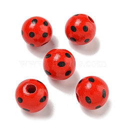 Printed Wood European Beads, Round with Dot Pattern, Red, 15.5~16mm, Hole: 4~4.5mm(WOOD-G022-18J)