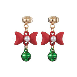 Bowknot Alloy with Acrylic & Brass Bell Stud Dangle Earrings, Christmas Theme, Golden, Golden, 25x14mm(EJEW-JE06092)