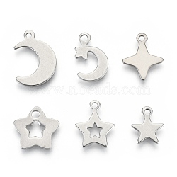 Non-Tarnish 201 Stainless Steel Charms, Laser Cut, Star and Moon, Stainless Steel Color, 10.5~16x9~12x0.7~0.8mm, Hole: 1.2~1.8mm, 6 patterns, 1 pattern/200pcs(STAS-R118-06)