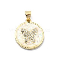 Brass Micro Pave Clear Cubic Zirconia Pendants, with Sythetic Opal, Flat Round, Real 18K Gold Plated, Butterfly, 19.5x17x2.5mm, Hole: 4x3.5mm(KK-A221-28D-G)