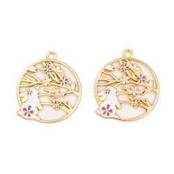 Rack Plating Alloy Enamel Pendants, Golden, Flat Round with Rabbit & Flower Charm, Medium Purple, 28x25x1.5mm, Hole: 1.8mm(FIND-A040-05A-02G)