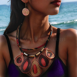 Aluminum Wire Wrapped Resin Beaded Oval Pendant Necklaces & Flat Round Dangle Earrings Sets, FireBrick, 450mm(WGF604D-01)
