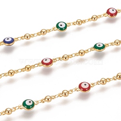 Handmade Brass Link Chains, with Enamel and Spool, Soldered, Long-Lasting Plated, Round & Evil Eye, Colorful, Real 18K Gold Plated, 8x4x3mm and 11x6.5x4mm, about 32.8 Feet(10m)/roll(CHC-I034-19G)
