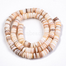 Natural Freshwater Shell Beads Strands, Disc/Flat Round, Heishi Beads, Shell Shards, Wheat, 5~6x1.5~3mm, Hole: 0.8mm, about 201pcs/Strand, 11.22 inch(28.5cm)(SHEL-N003-02)