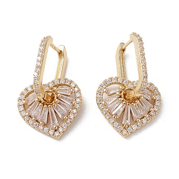 Heart Cubic Zirconia Hoop Earrings, Real 16K Gold Plated Brass Dangle Earrings for Women, Clear, 26mm, Pin: 0.7mm