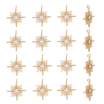16Pcs Brass Charms, Nickel Free, with Cubic Zirconia, Star, Clear, Real 18K Gold Plated, 13x11x2mm, Hole: 0.9mm