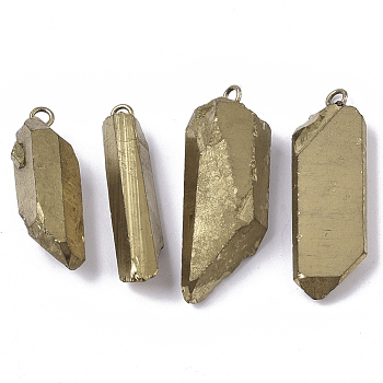 Vacuum Plating Natural Quartz Crystal Pendants, with Brass Loop, Strip Shape, Dark Goldenrod, 24~36x7~16x6~11mm, Hole: 1.8mm