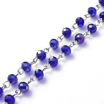 Handmade Electroplate Glass Beaded Chains, with Platinum Plated Iron Eye Pin, Unwelded, Dark Blue, 39.37 inch(100cm), Beads: 6x4.5mm