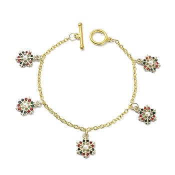 Alloy Rhinestone Snowflake Charm Bracelet with Acrylic Imitation Pearl Beaded, Golden Iron Cable Chains Bracelet, Colorful, 7-1/2 inch(18.9cm)