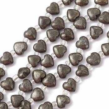 Natural Pyrite Beads Strands, with Seed Beads, Heart, 8x8x4~4.5mm, Hole: 1mm, about 20pcs/strand, 7.56''(19.2cm)