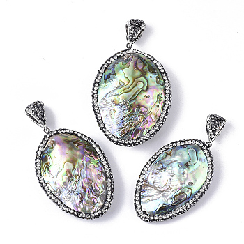 Paua Shell Rhinestone Big Pendants, with Platinum Tone Alloy Findings, with Iron Snap On Bails, Oval, 58.5~69x37~52.5x12.5~23mm, Hole: 4.5x10mm