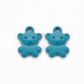 Spray Painted Alloy Charms, Cadmium Free & Lead Free, Bear, Teal, 14x10x2mm, Hole: 1.6mm
