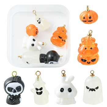 6Pcs 6 Styles Halloween Opaque Resin Pendants, with Light Gold Tone Alloy Loops, Pumpkin & Ghost & Rabbit, Mixed Shapes, Mixed Color, 11~21x11~13x8.5~12.5mm, Hole: 1.5~1.6mm, 1pc/style