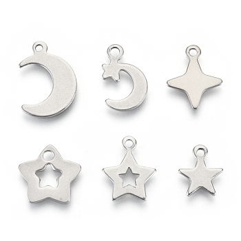 201 Stainless Steel Charms, Laser Cut, Star and Moon, Stainless Steel Color, 10.5~16x9~12x0.7~0.8mm, Hole: 1.2~1.8mm, 6 patterns, 1 pattern/200pcs