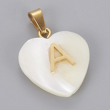 Shell Pendants, with 304 Stainless Steel Findings, Heart with Letter, Golden, Letter.A, 23.5x20x7mm, Hole: 3.5x7mm