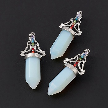 Opalite Big Pendants, 7 Chakra Faceted Bullet Charms, with Platinum Plated Brass Findings and Colorful Rhinestone, Cadmium Free & Lead Free, 55x22.5x16mm, Hole: 8x5mm