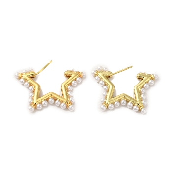 Rack Plating Brass Studs Earrings, with Plastic Beads, Long-Lasting Plated, Lead Free & Cadmium Free, Star, Real 18K Gold Plated, 34x3mm