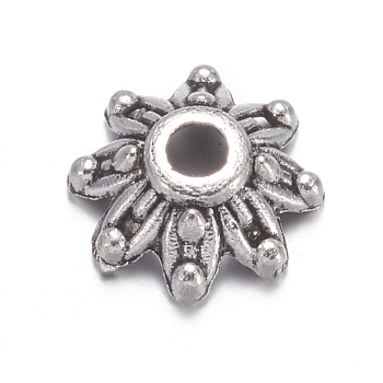 Flower Tibetan Silver Bead Caps, Lead Free & Cadmium Free, Antique Silver, about 9mm in diameter, Hole: 2mm, about 220pcs/50g