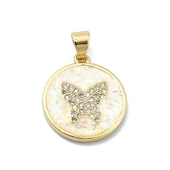 Brass Micro Pave Clear Cubic Zirconia Pendants, with Sythetic Opal, Flat Round, Real 18K Gold Plated, Butterfly, 19.5x17x2.5mm, Hole: 4x3.5mm