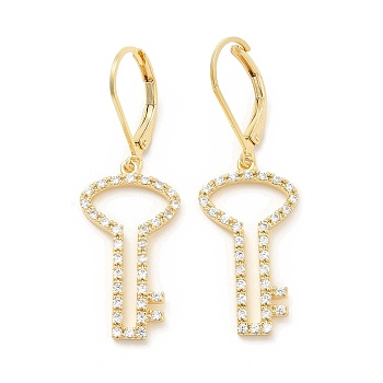 Brass Micro Pave Clear Cubic Zirconia Dangle Leverback Earrings for Women, Key, Real 18K Gold Plated, 41mm, Key: 25x13.5x2.5mm, Pin: 0.7mm