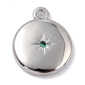 Brass Micro Pave Cubic Zirconia Charms, Long-Lasting Plated, Flat Round with Star, Sea Green, 12x10x2mm, Hole: 1.2mm