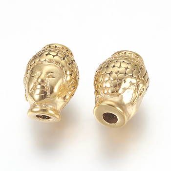 304 Stainless Steel Beads, Ion Plating (IP), Buddha's Head, Golden, 10x13x9mm, Hole: 3mm