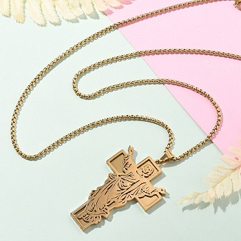 304 Stainless Steel Religion Pendant Necklaces, Jesus Cross, Real 18K Gold Plated, 23.23~23.62 inch(59~60cm)