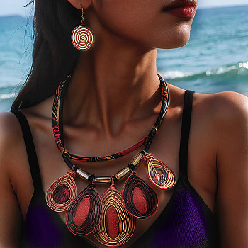 Aluminum Wire Wrapped Resin Beaded Oval Pendant Necklaces & Flat Round Dangle Earrings Sets, FireBrick, 450mm