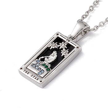 Brass The Star Rectangle Tarot Card Pendant Necklace with Cubic Zirconia, 304 Stainless Steel Jewelry for Women, Stainless Steel Color, 17.72 inch(45cm)