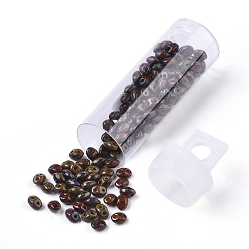 2-Hole Seed Beads, Czech Glass Beads, Opaque Baking Paint Style, Brown, 5x3.5~3.8x2.5~2.8mm, Hole: 0.9mm, about 10g/bottle
