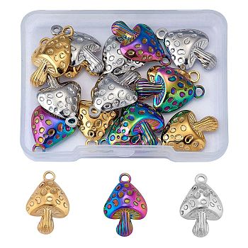 15Pcs 3 Styles 304 Stainless Steel Pendants, Mushroom Charm, Mixed Color, 23.5x15.5x4mm, Hole: 1.8mm, 5pcs/color