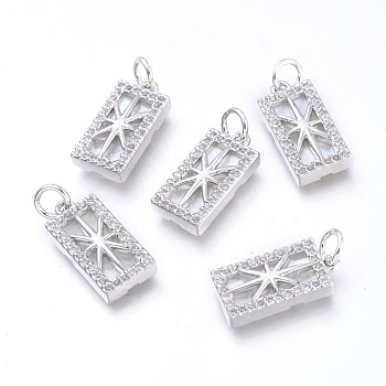 Brass Micro Pave Cubic Zirconia Pendants, with Jump Rings & Natural Shell, Long-Lasting Plated, Cadmium Free & Lead Free & Nickel Free, Rectangle with Star, Clear, Platinum, 16x8x3mm, Hole: 3.4mm