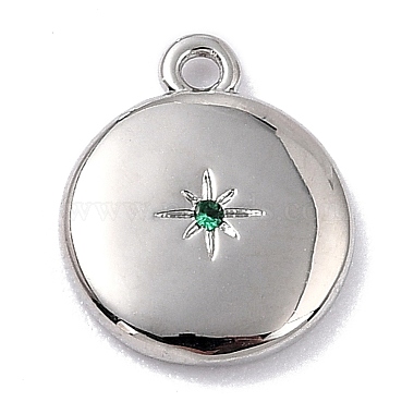 Real Platinum Plated Sea Green Flat Round Brass+Cubic Zirconia Charms