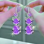 Alloy Rhinestone Dangle Earrings, Cat Shape, Platinum, Tanzanite, 36x12mm(FS-WG213CF-04)